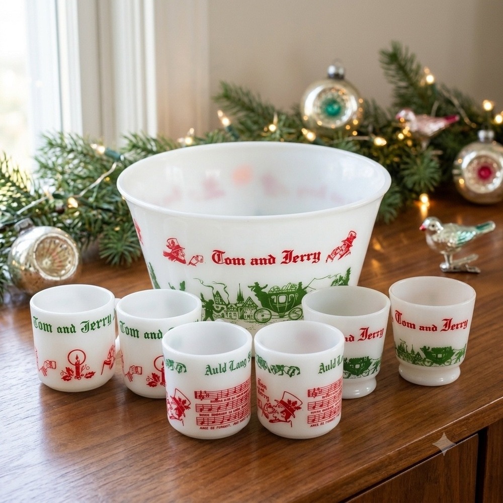 Vintage Hazel Atlas Tom and Jerry Eggnog Punch Bowl 6 Mugs Milk Glass Christmas